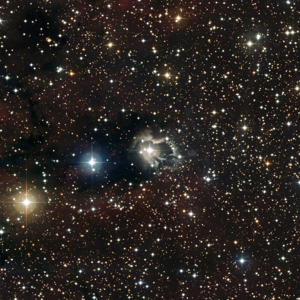 This image, centred on the B[e] star HD 87643, beautifully shows the extended nebula of gas and dust that reflects the light from the star. The central star's wind appears to have shaped the nebula, leaving bright, ragged tendrils of gas and dust. A careful investigation of these features seems to indicate that there are regular ejections of matter from the star every 15 to 50 years. The image, taken with the Wide Field Imager on the MPG/ESO 2.2-metre telescope at La Silla, is based on data obtained through different filters: B, V and R.