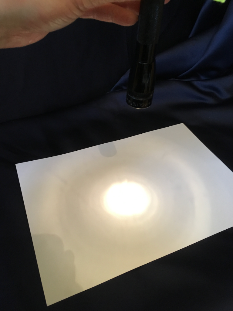 Steps 1,2&3: shine a torch directly at a sheet of paper and look at the shape made by the light