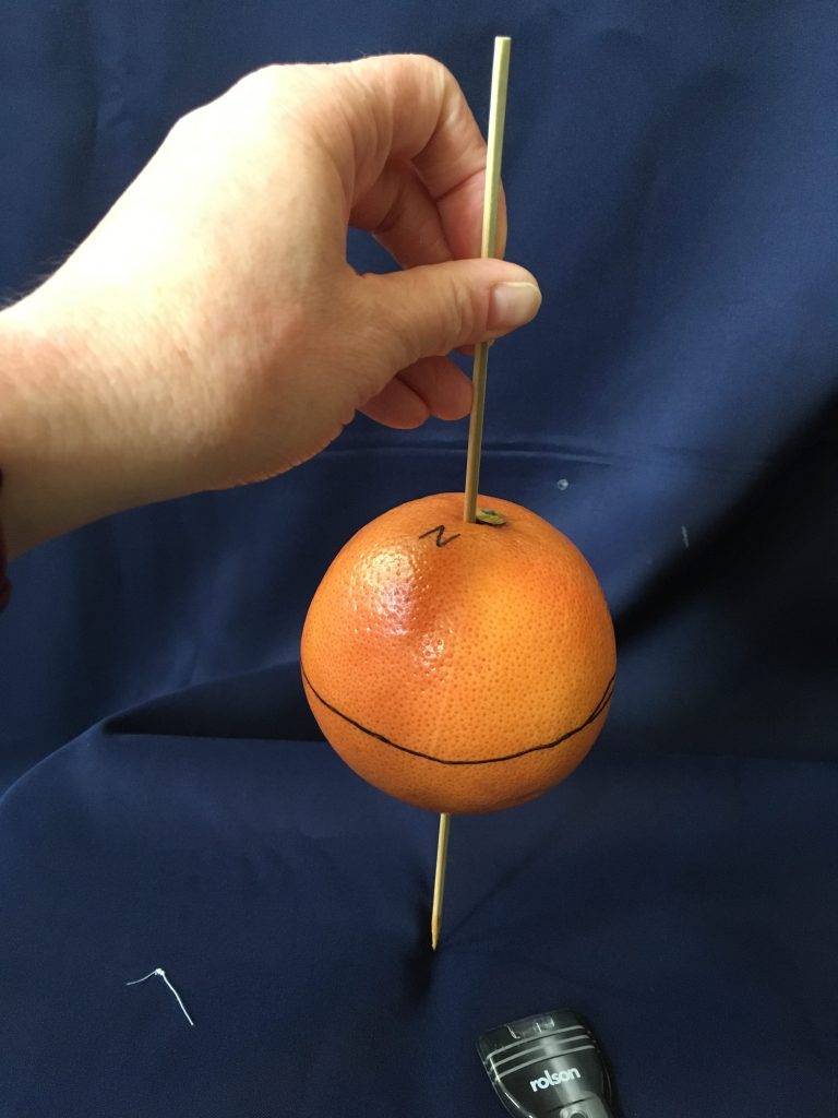 Step 4: hold the orange so that the North Pole is at the top and spin the Earth on its axis